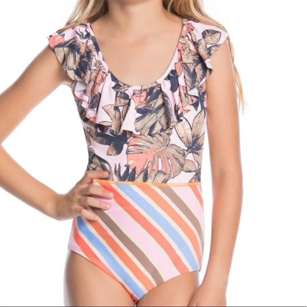 Maaji Cor de Rosa Girls Reversible Swimsuit one piece tween ruffle print stripes